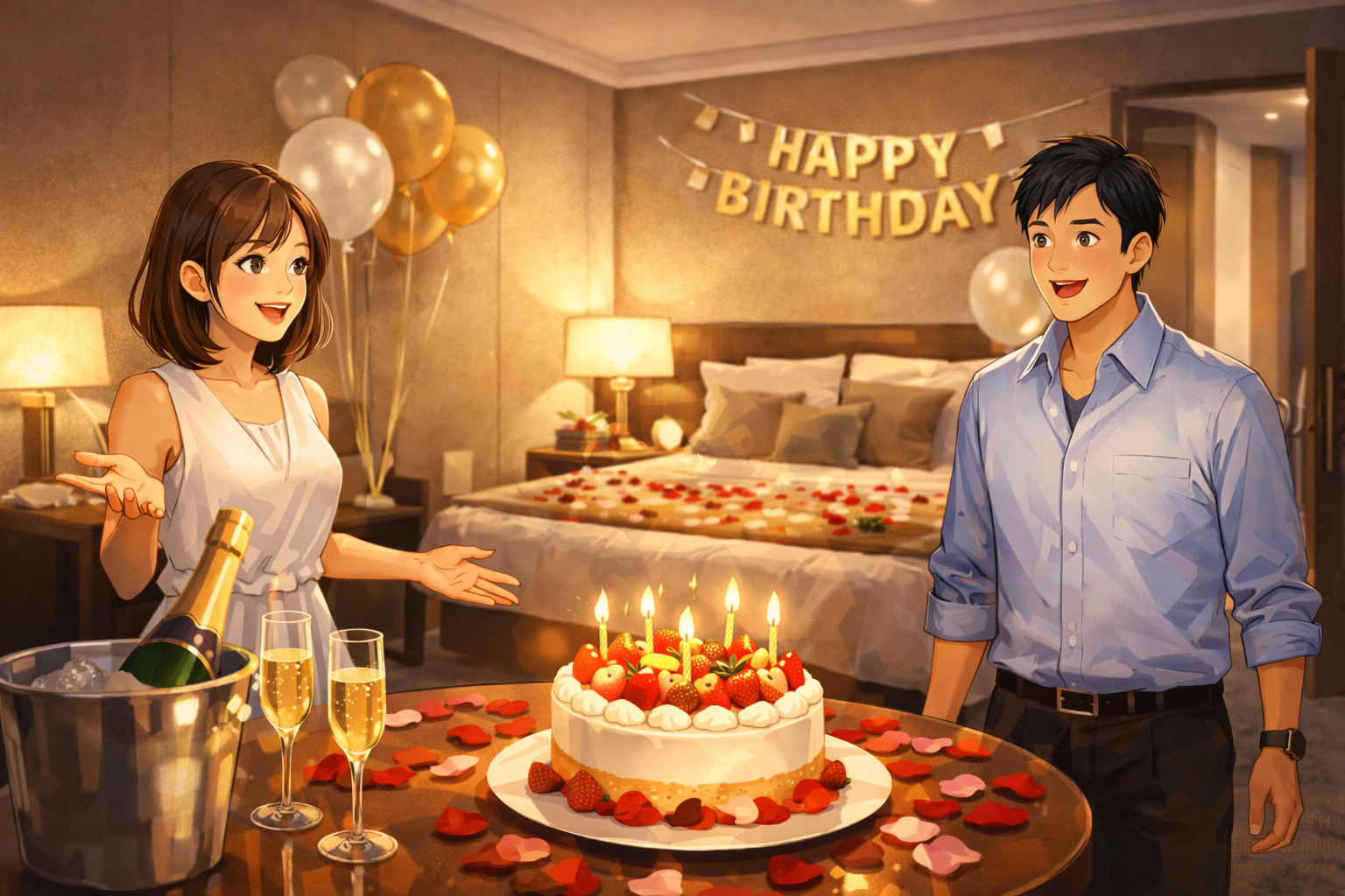ホテルの部屋で誕生日ケーキとシャンパンを用意し、恋人を驚かせるサプライズのイメージ