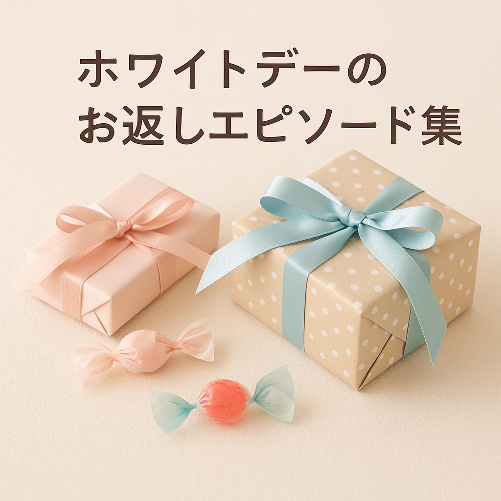 ホワイトデーのお返しにまつわるエピソードを象徴する、やさしく並んだキャンディとラッピングギフトの写真風イラスト