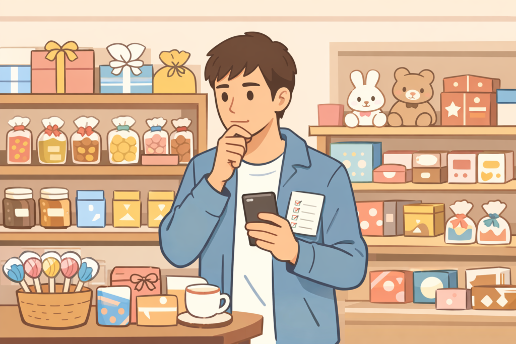 お菓子売り場でホワイトデーのお返しを選ぶ男性のイラスト