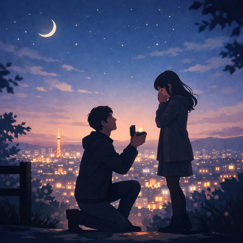 夜景を背景にホワイトデーにプロポーズするカップルのイラスト