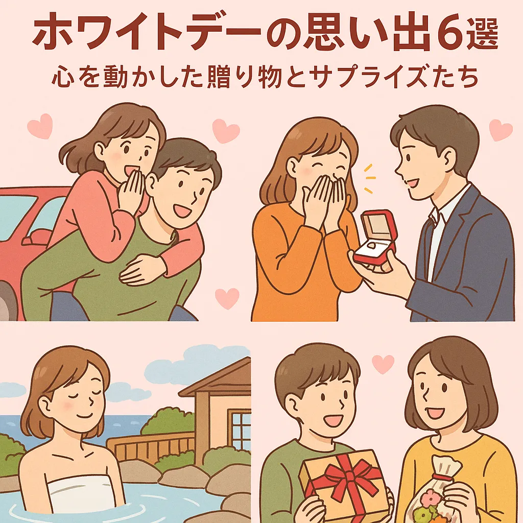 ホワイトデーに贈り物やサプライズをする様子を描いた4つの心温まるシーンのイラスト