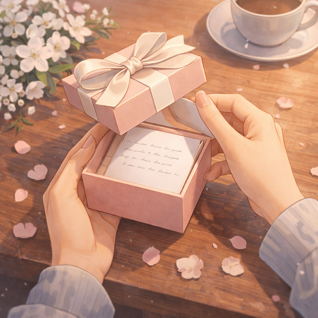 ホワイトデーの贈り物として用意されたネックレスとギフトボックスのイラスト