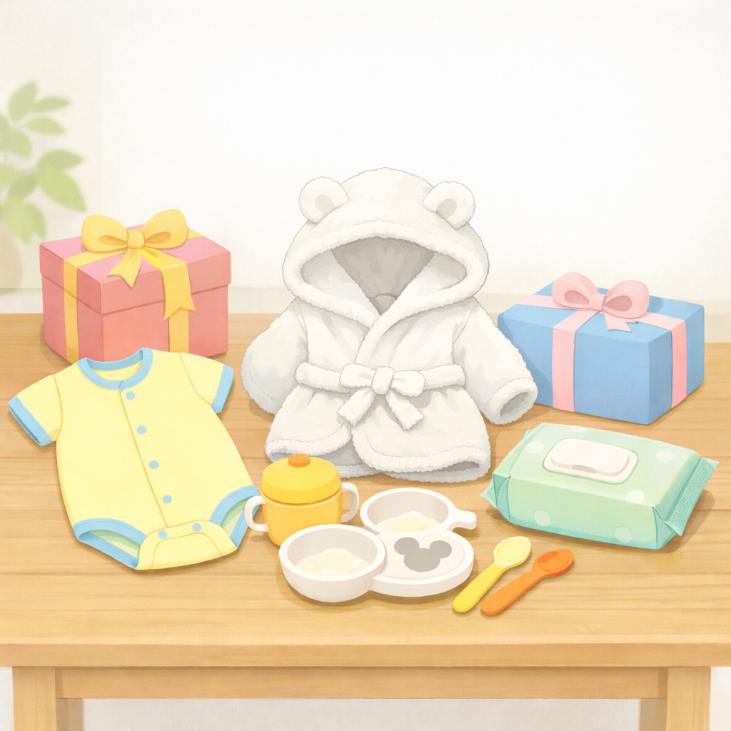 ベビー服やバスローブ、離乳食用食器、ウェットシートなど実用的な出産祝いが並んだイラスト