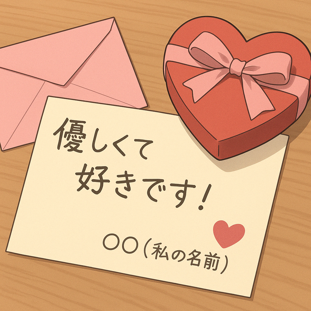 手書きのメッセージとハート型チョコレートが並ぶ、淡く温かい告白シーンのイラスト