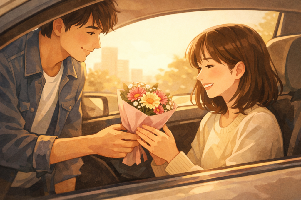 車の助手席で、彼から小さな花束を受け取って笑顔になる女性を描いた、温かみのあるイラスト