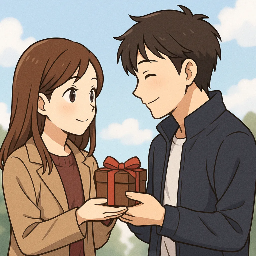 ホワイトデーに若いカップルがチョコレートを渡し合いながら、照れ笑いする心温まるアニメ風のイラスト
