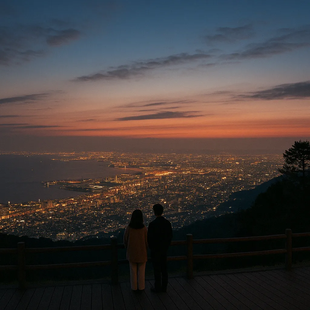 夕暮れの空と神戸の街明かりを望む六甲山の展望台に立つカップルの後ろ姿がロマンチックな風景
