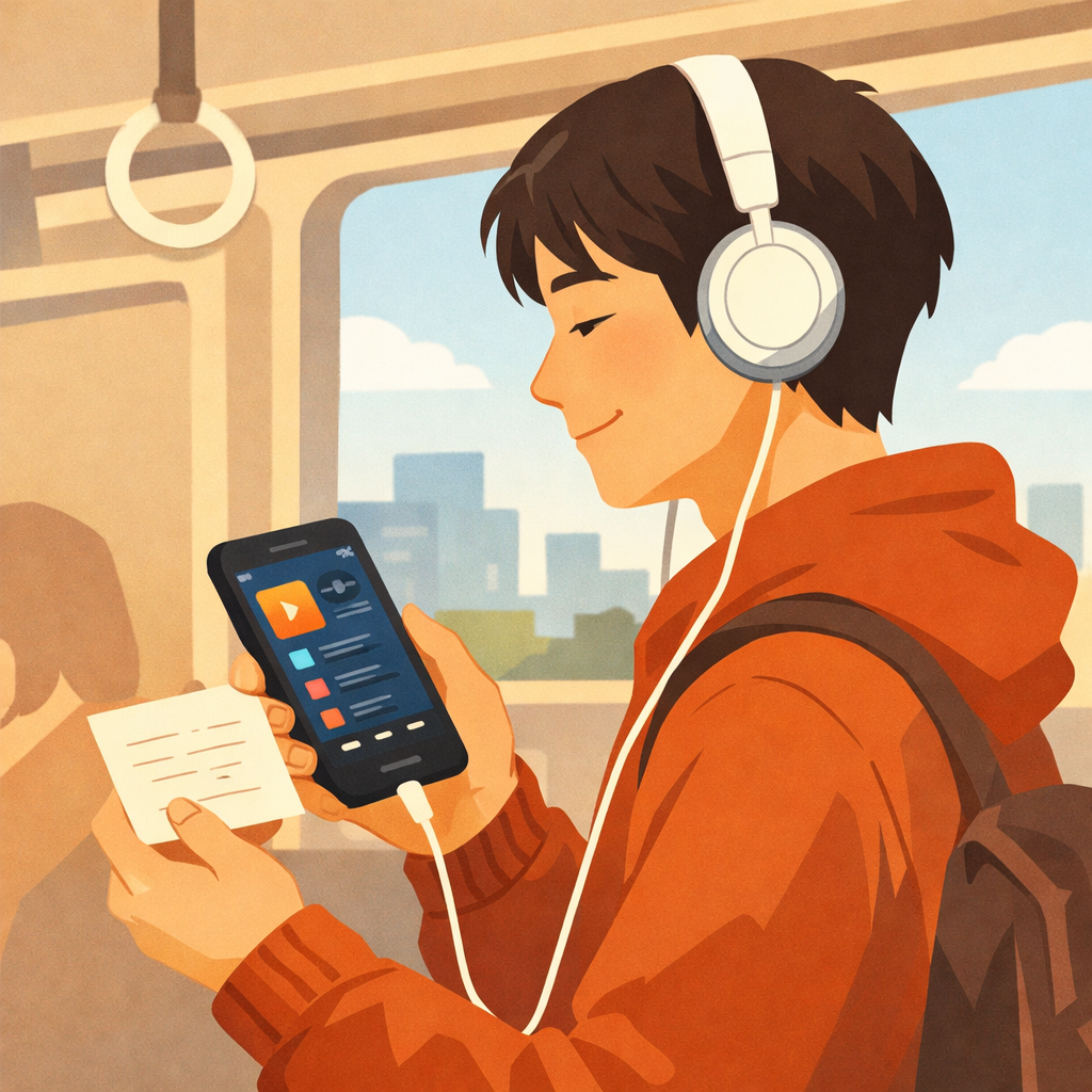 電車内でスマホの音楽を聴きながら手書きメモを手にする人物のイラスト（文字なし）