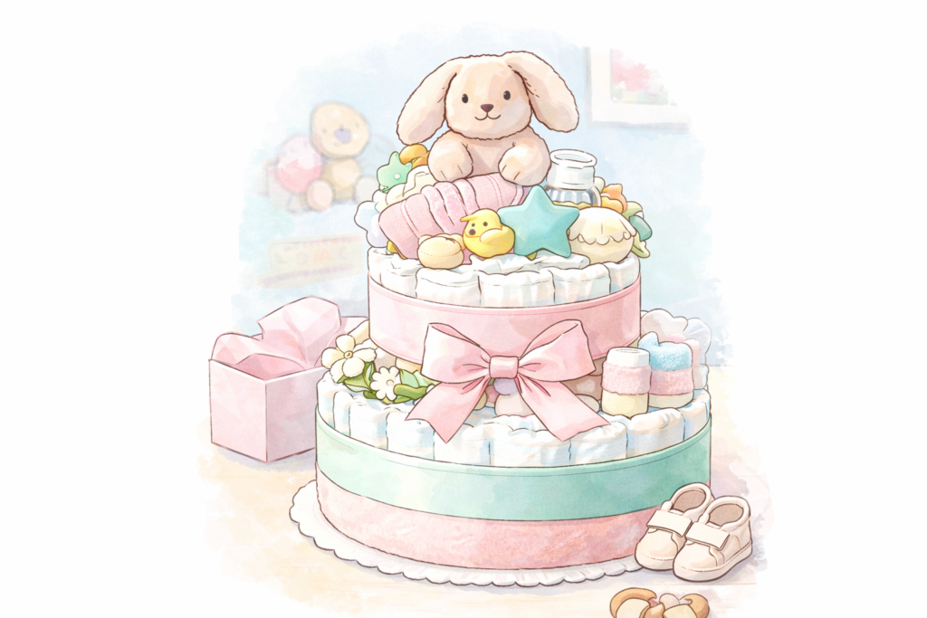 ぬいぐるみやベビー小物で飾られた、パステルカラーのオムツケーキをやさしいタッチで描いたイラスト