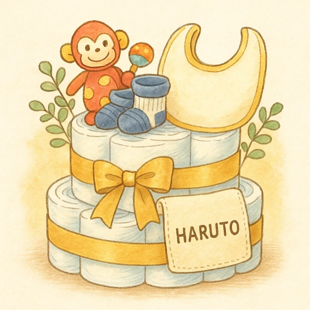 HARUTOと刺繍されたタオル付きの二段オムツケーキ。おさるのラトルや靴下、スタイが飾られた温かみのあるギフトイメージ