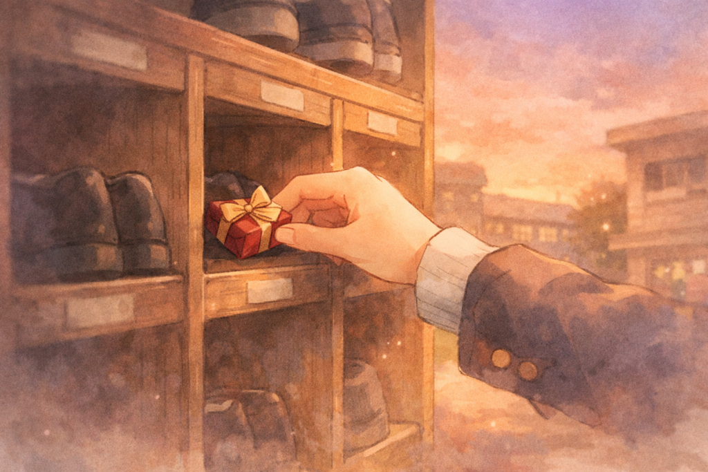 夕暮れの校舎の下駄箱に、リボン付きの小さなチョコをそっと入れる手元のイラスト