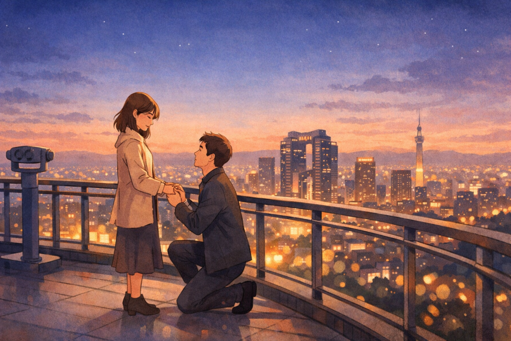 夕暮れの展望台で、夜景を背景にプロポーズするカップルのイラスト