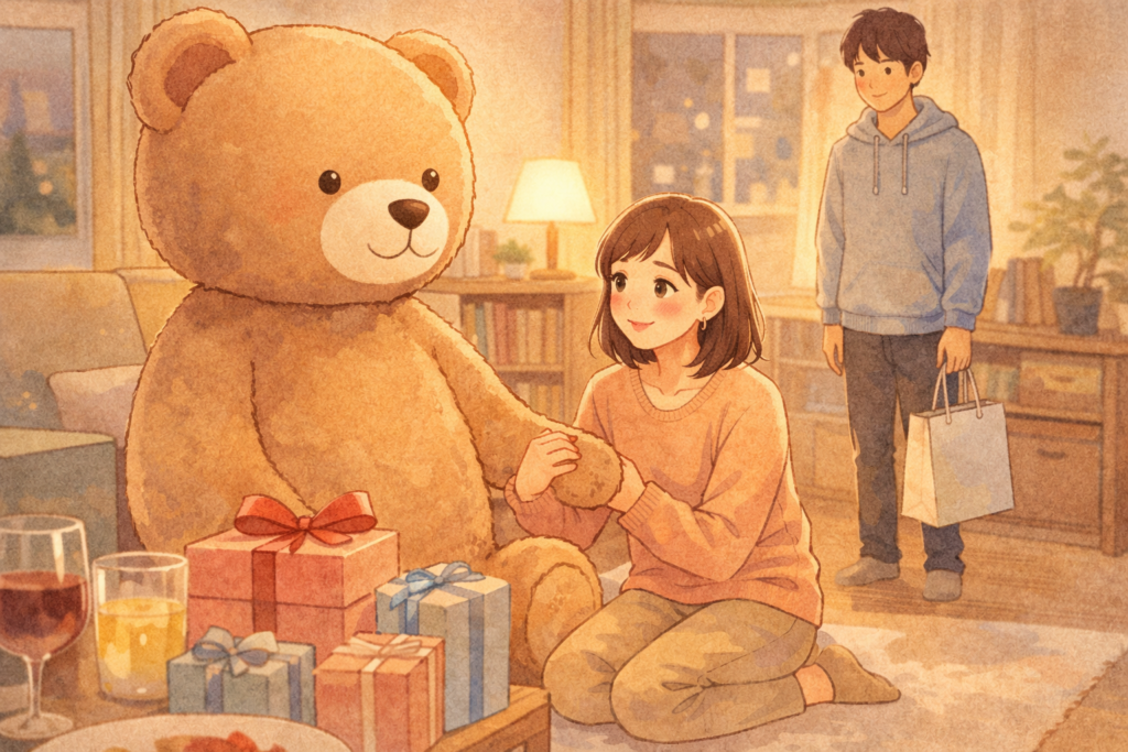 部屋で大きなクマのぬいぐるみを前に、困りつつも丁寧に受け取る女性と見守る男性