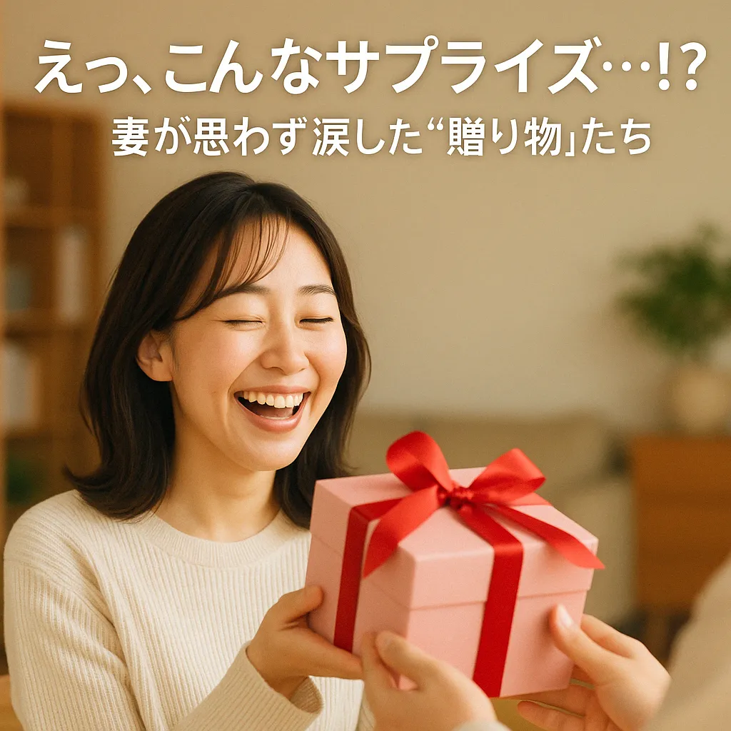 プレゼントを手に笑顔で喜ぶ女性と、それを渡す人物の手元