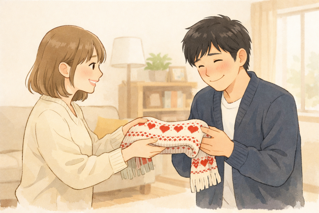 部屋の中で、手作りのマフラーを渡す女性と、照れ笑いしながら受け取る男性のイラスト