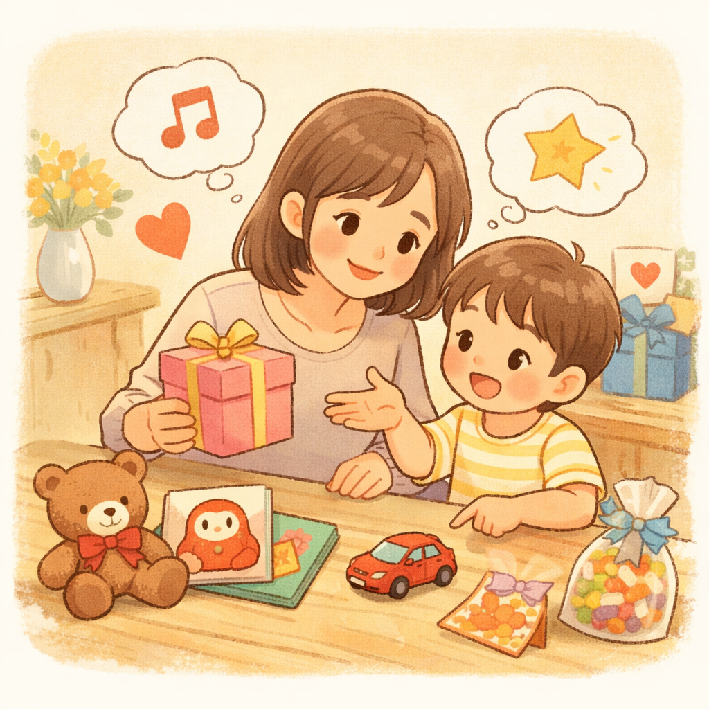 プレゼントを前に、親子が楽しそうに選んでいるやさしい雰囲気のイラスト