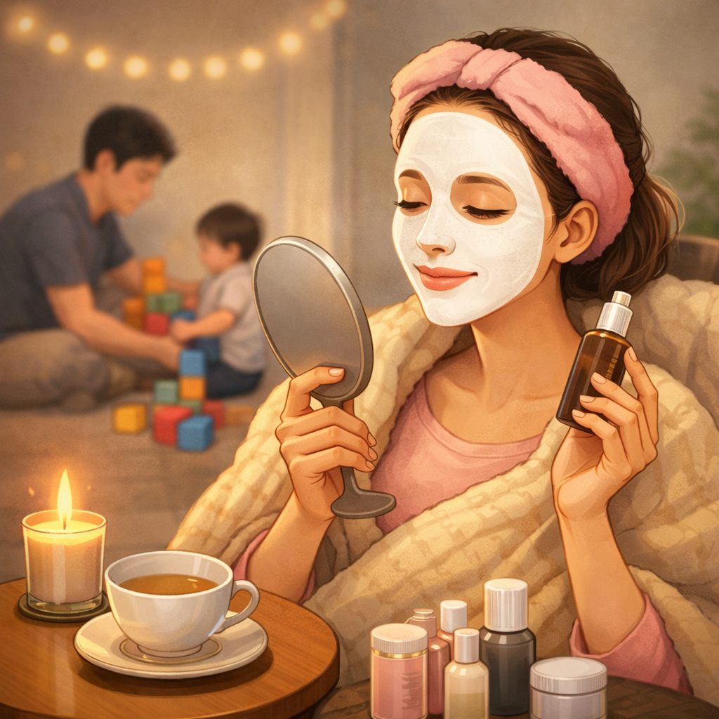 フェイスパックをしながら鏡を見てスキンケアをする母親と、背景で子どもと遊ぶ家族のイラスト