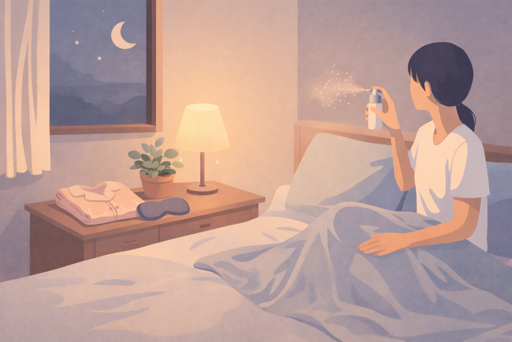 寝室でアロマのルームスプレーとアイマスクなどの安眠グッズが置かれ、落ち着いた夜の雰囲気が伝わるイラスト