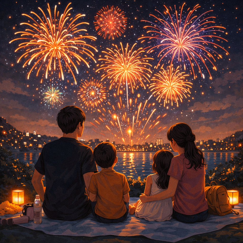海辺の夜景を背景に、レジャーシートに座った家族4人が夜空に上がる花火を見上げるイラスト