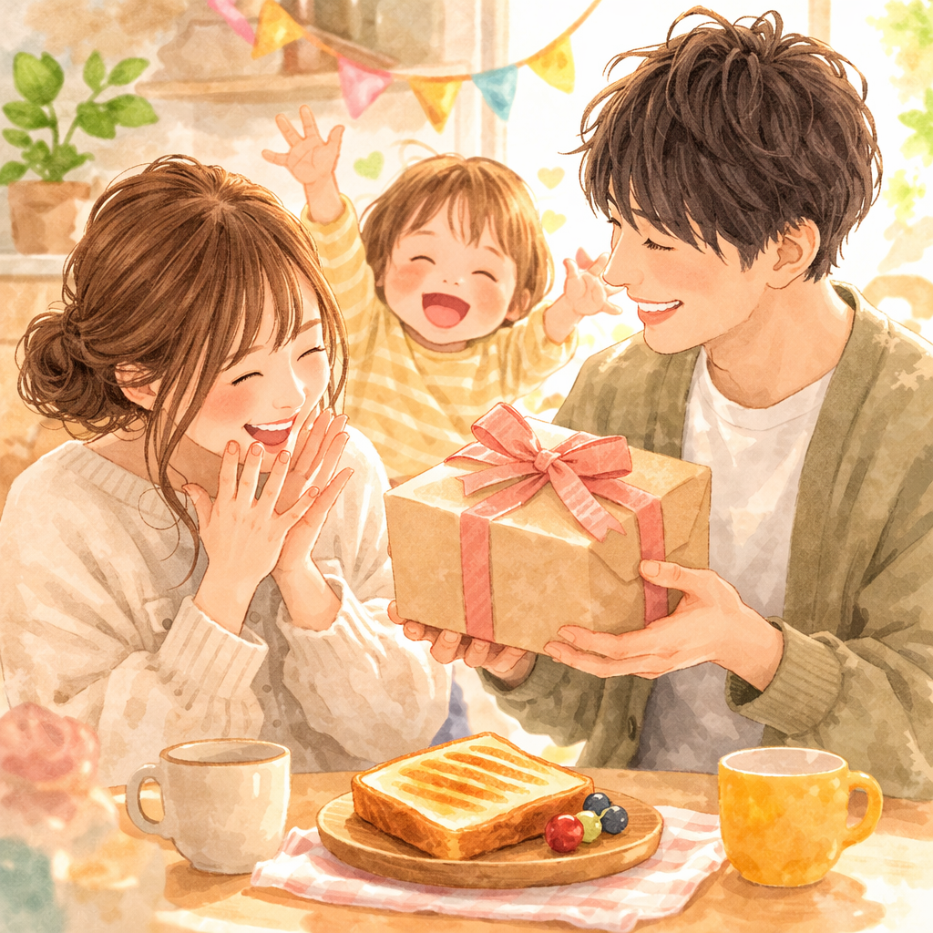 ベビーグッズや家電のプレゼントを囲んで笑顔になる母親と父親と赤ちゃんのイラスト