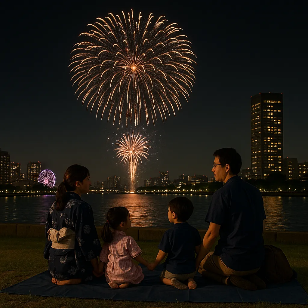 水辺の芝生に座る家族が夜空の大花火を見上げる、浴衣姿の母と子どもたちの後ろ姿