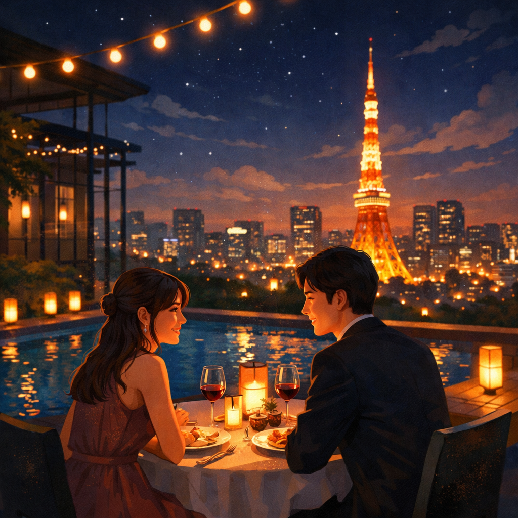 東京タワーが見える屋上レストランで、ライトアップされたプール脇のテーブルで向かい合って食事をするカップルのイラスト