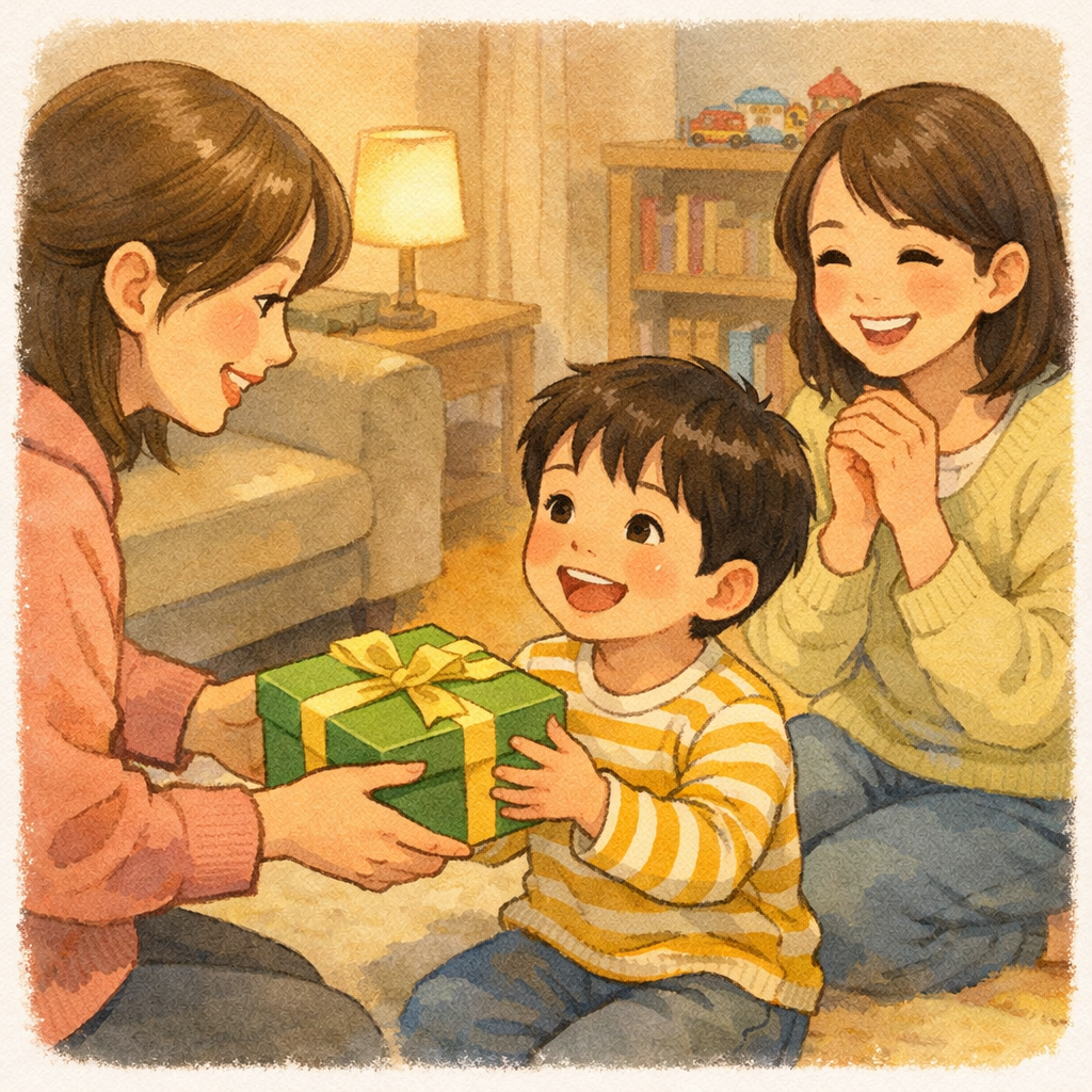 幼稚園くらいの男の子が家族にプレゼントをもらってうれしそうにしているイラスト
