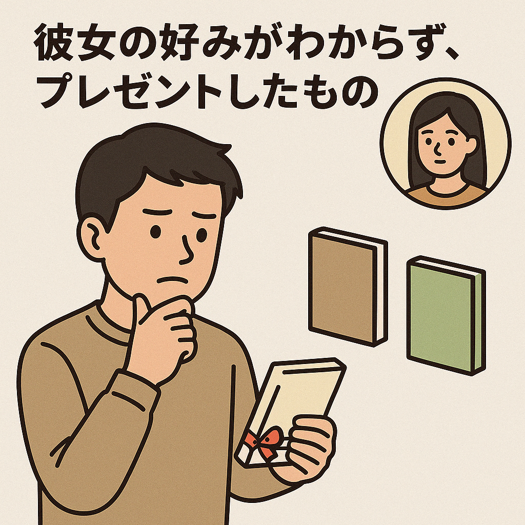 本を選ぶか図書カードを贈るか悩む男性と、好みが分からない女性のイラスト