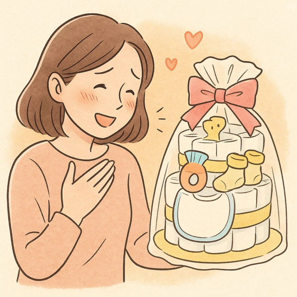 オムツケーキを受け取って感動するママのイラスト。優しい雰囲気と温かみのあるプレゼントシーン。