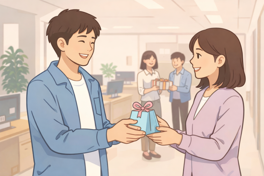 職場でホワイトデーのお返しを笑顔で手渡しする場面のイラスト