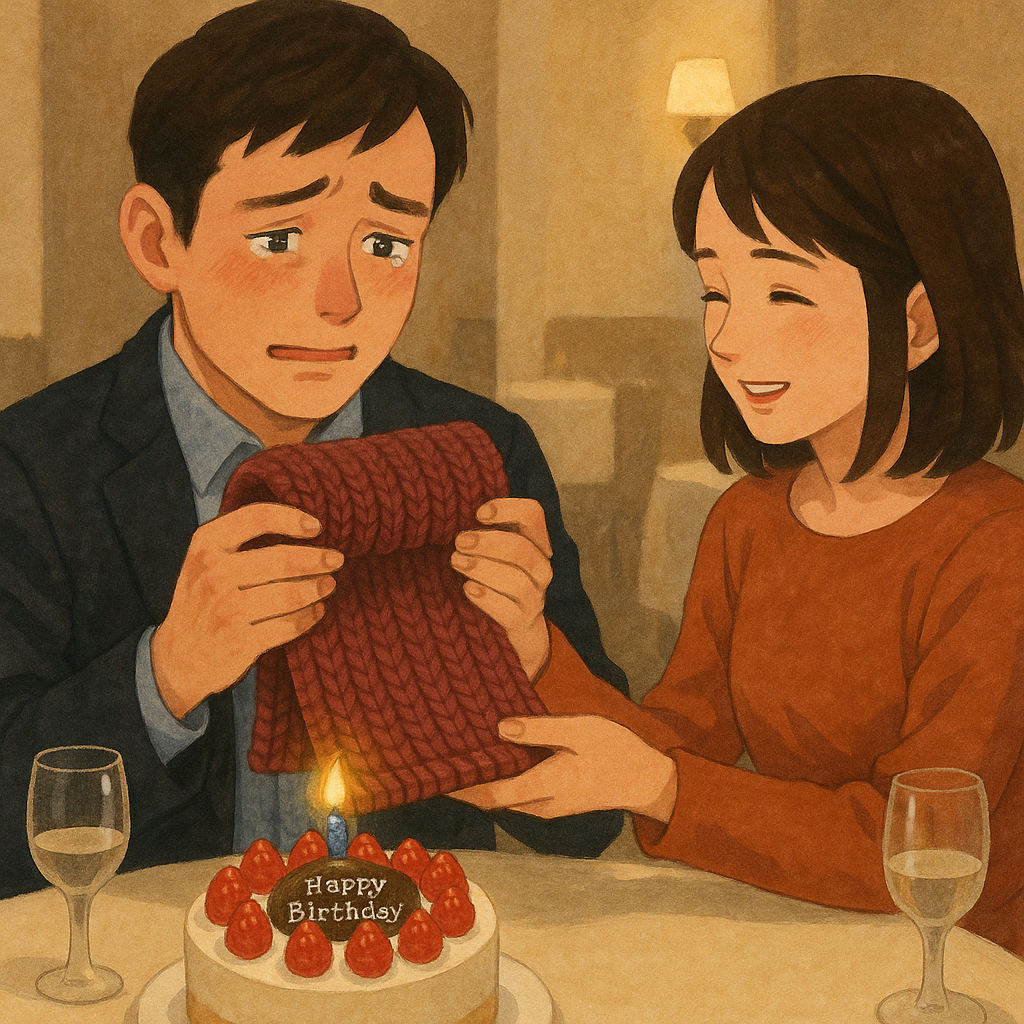 手編みのマフラーをプレゼントされ涙ぐむ男性と、微笑む女性の誕生日レストラン風イラスト