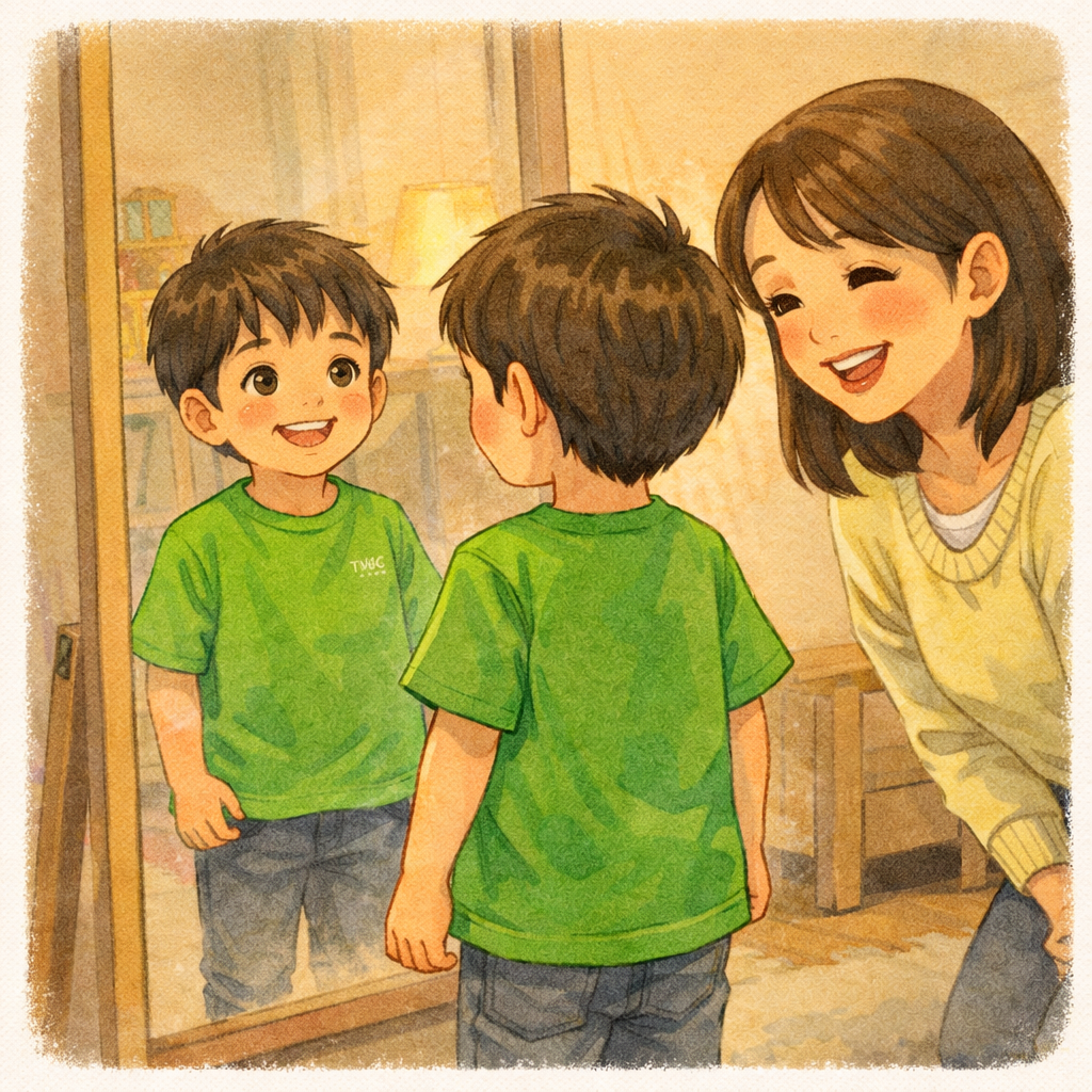 明るいグリーンのTシャツを着た男の子が鏡を見ながら喜んでいるイラスト