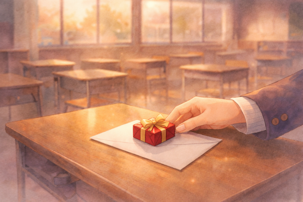 朝の光が差し込む教室で、白い封筒の上にリボン付きのチョコをそっと置く手元のイラスト