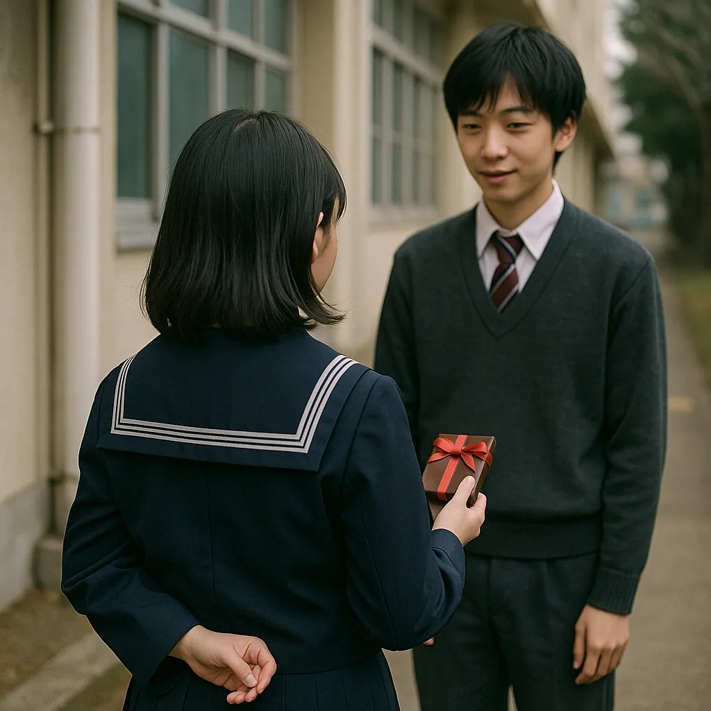 バレンタインに想いを伝える中学生の静かなひとときを描いた写真