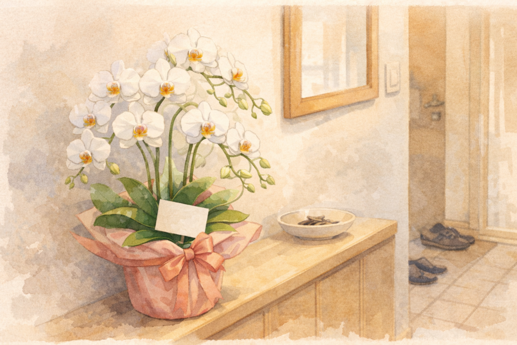 玄関の棚に置かれた白い胡蝶蘭の鉢植えと、添えられた無地のカードのイラスト