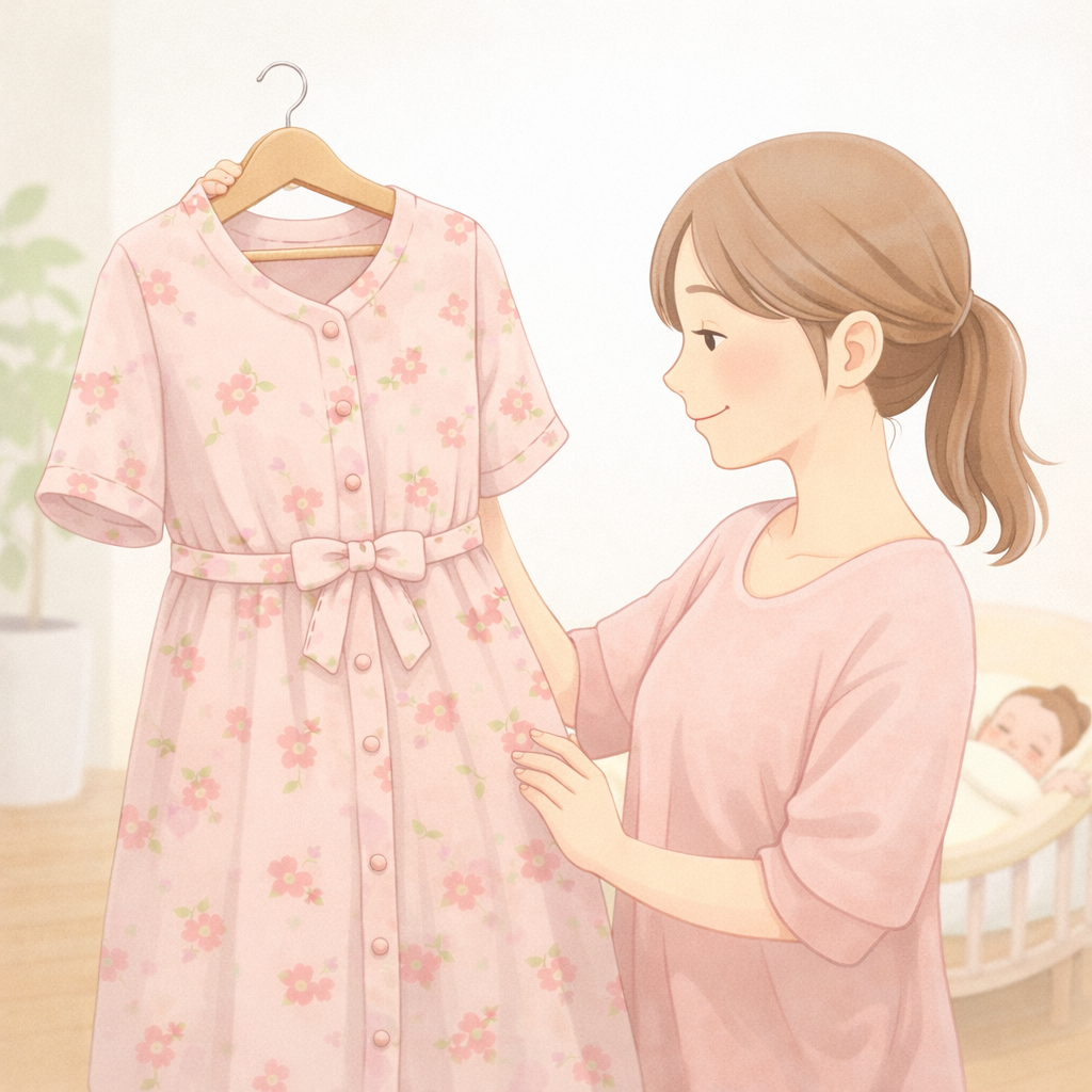 産後のママが贈られたワンピースを見て微笑む室内のイラスト