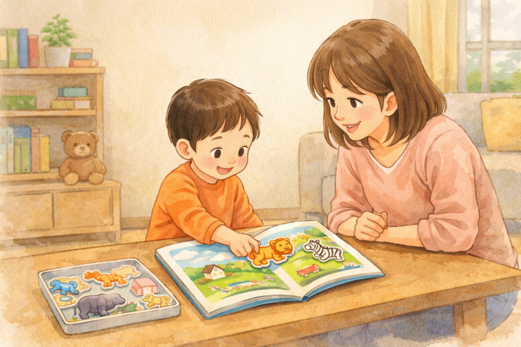 電車の絵が描かれたカレンダーを指さして喜ぶ幼児と見守る女性のイラスト