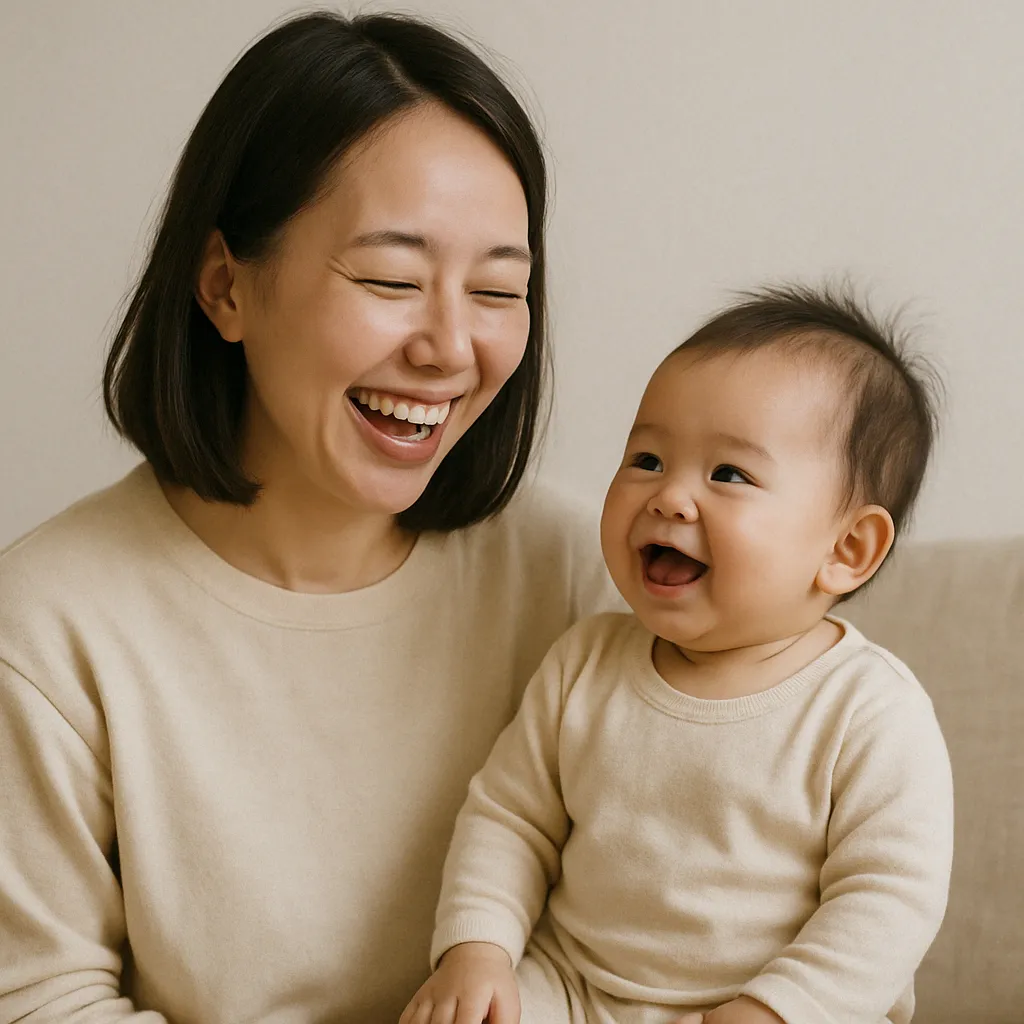 ベージュの服を着た母親が赤ちゃんを抱き、互いに見つめ合いながら嬉しそうに笑っている様子。