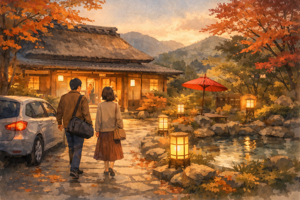 紅葉に囲まれた箱根の和風旅館へ、カップルが夕暮れに到着する様子（文字なしイラスト）