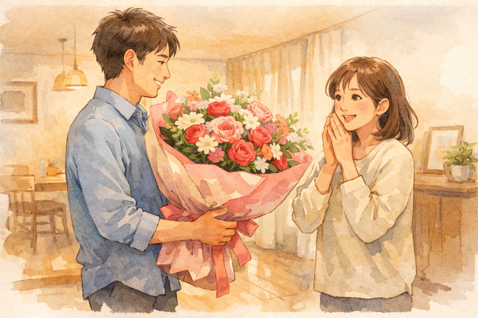 自宅で男性が大きな花束を差し出し、女性が嬉しそうに受け取ろうとしているイラスト