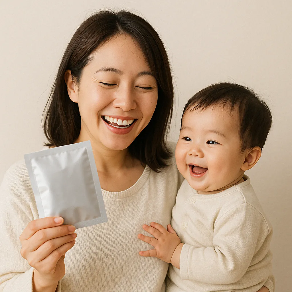 美容パックを手に笑顔を見せる若い母親と、それを見て笑っている赤ちゃん。親子でクリーム色の服を着ている。