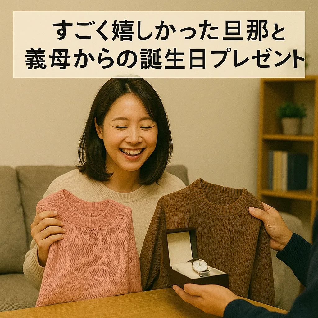 ピンクと茶色のセーターを笑顔で受け取る女性と、プレゼントを渡す家族の手元