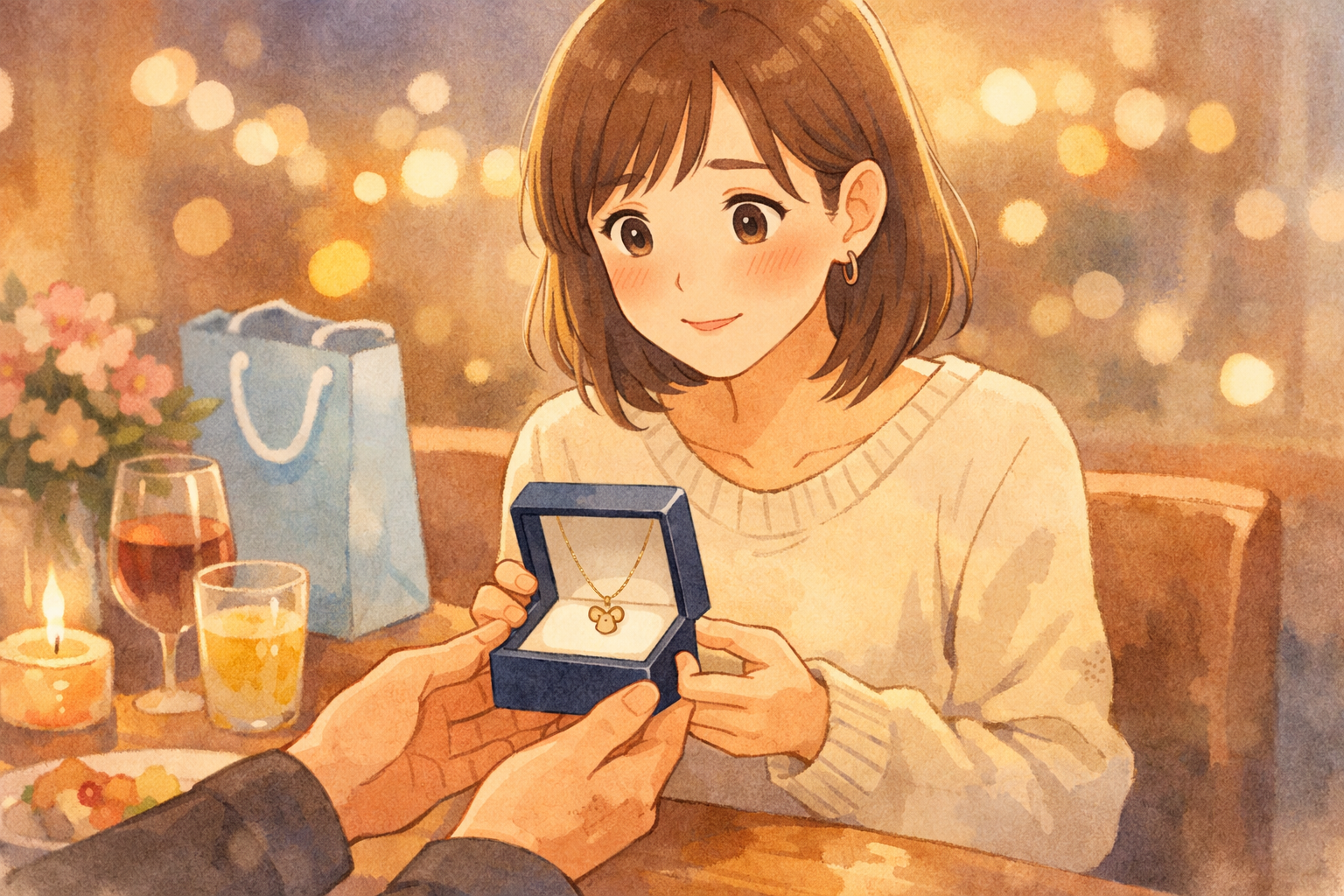 誕生日の席で小さなプレゼント箱を開け、驚きと微笑みが混ざった表情の女性