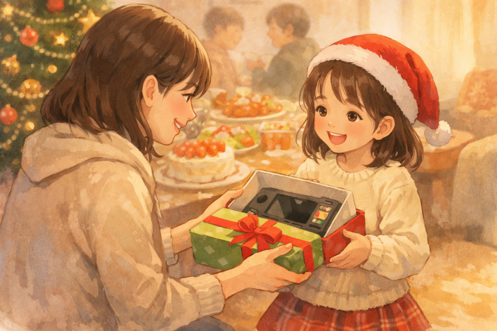 クリスマスのリビングで、大人が子どもにゲームのプレゼントを手渡して喜んでいる様子
