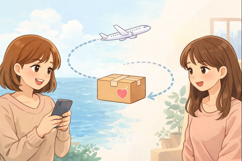 離れた場所にいる二人の女性を荷物と飛行機がつなぎ、遠距離でプレゼントが届く様子のイラスト