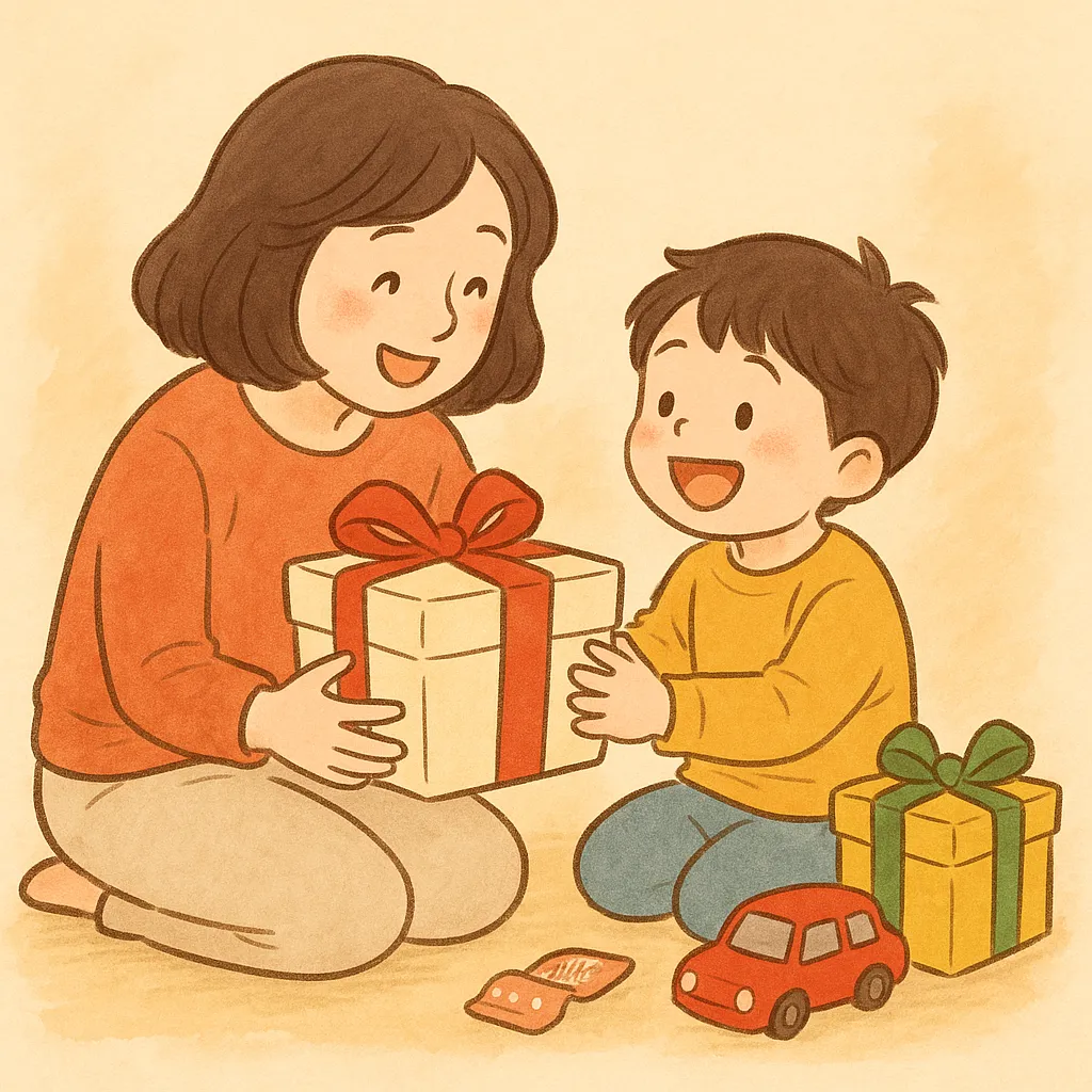 母親と男の子がプレゼントを手にする心温まるイラスト風景