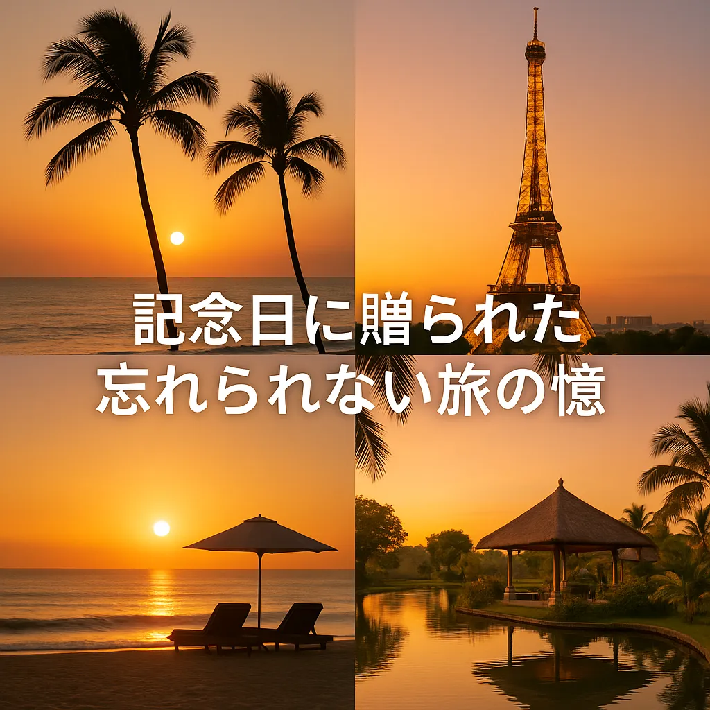 バリ島やフロリダのビーチ、フランスのエッフェル塔など、記念日の旅の風景を象徴するロマンチックな画像
