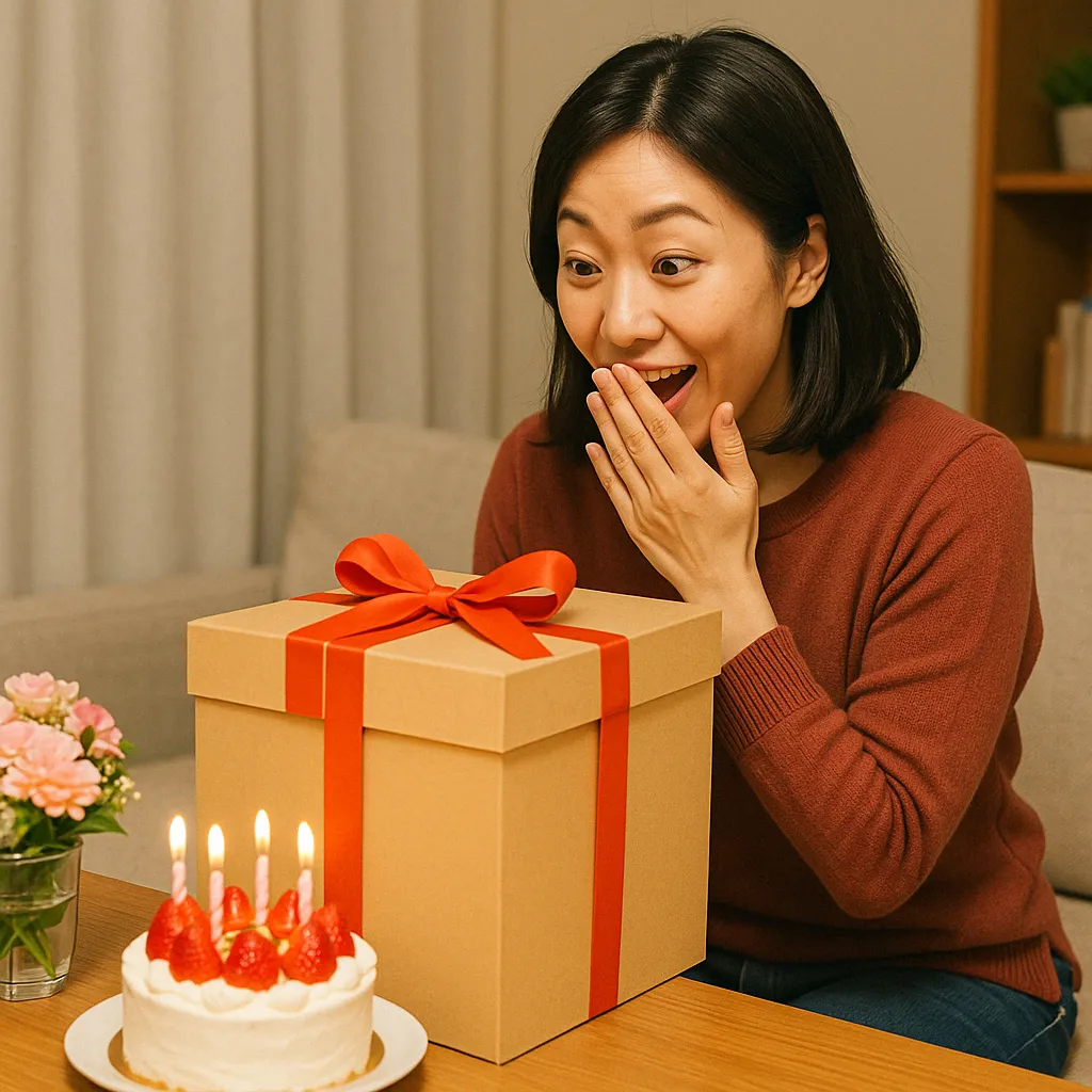 誕生日ケーキと花の横で、大きなギフトボックスに驚く女性