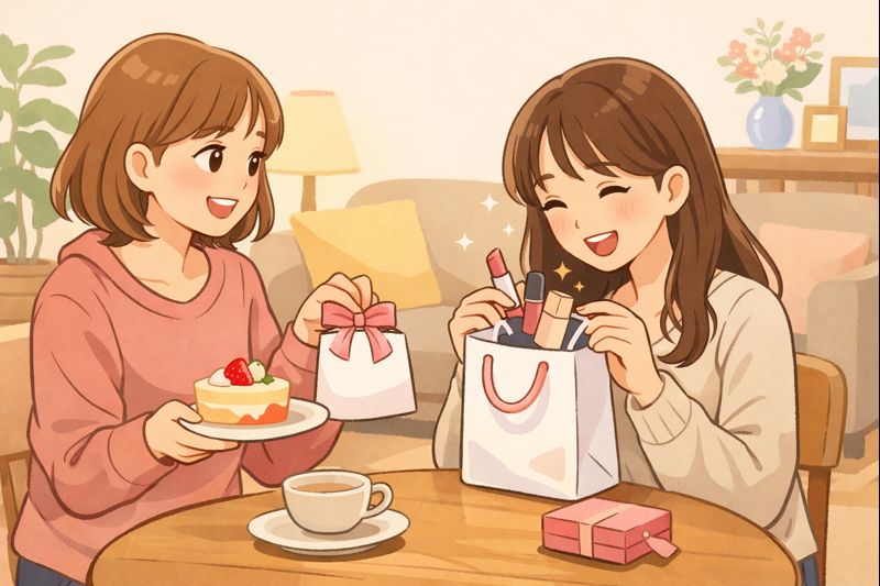 友人がケーキと一緒にコスメを贈り、受け取った女性が笑顔で中身を見て喜んでいるイラスト