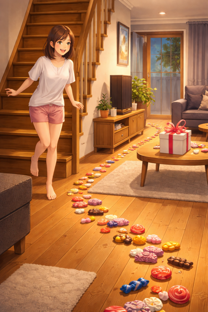 階段からリビングへ続くお菓子の宝探しサプライズ